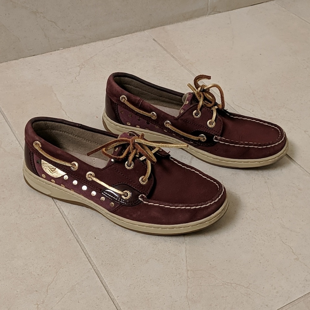 Sperry Bluefish plum gold polka dot boat shoe 7